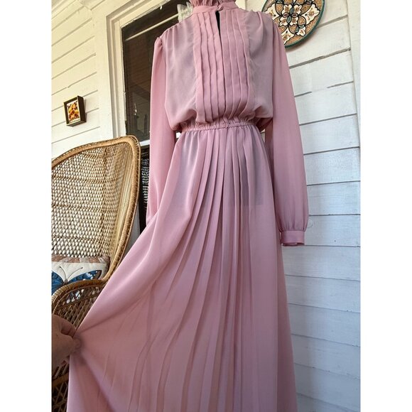 Vintage 70's Mauve Rose Maxi Dress Pleated Front Sheer Poly Chiffon Style Sz XL - Picture 15 of 16